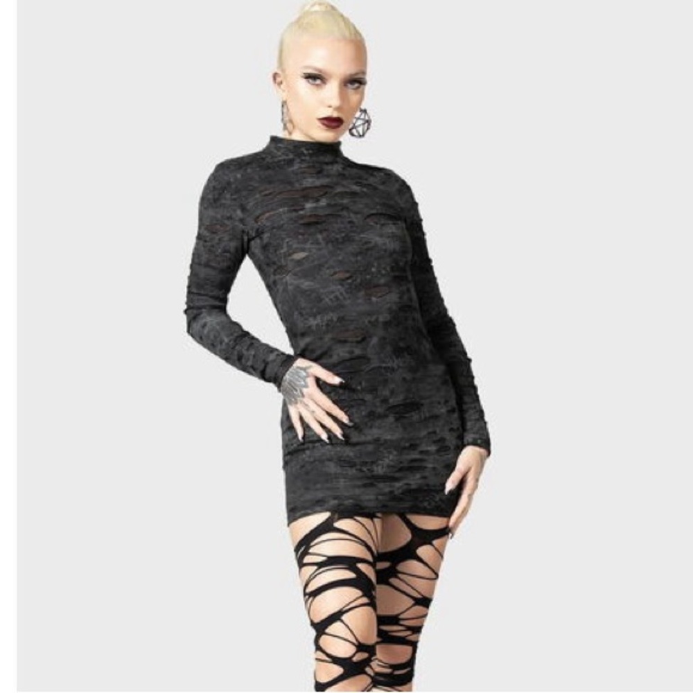 BNWT Killstar ‘Sinners Glimmer’ shredded long sleeve black dress